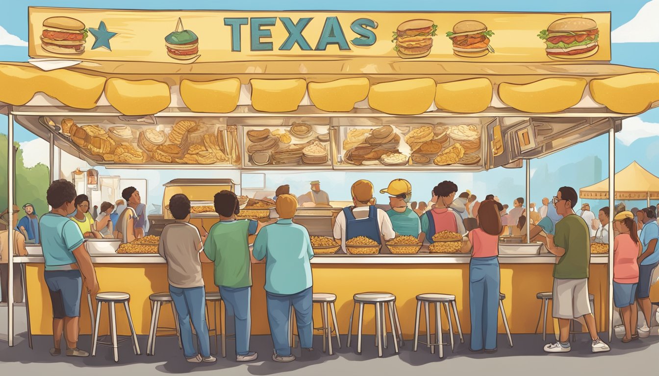 A bustling Texas State Fair food booth frying up a golden, crispy dish with a crowd eagerly watching