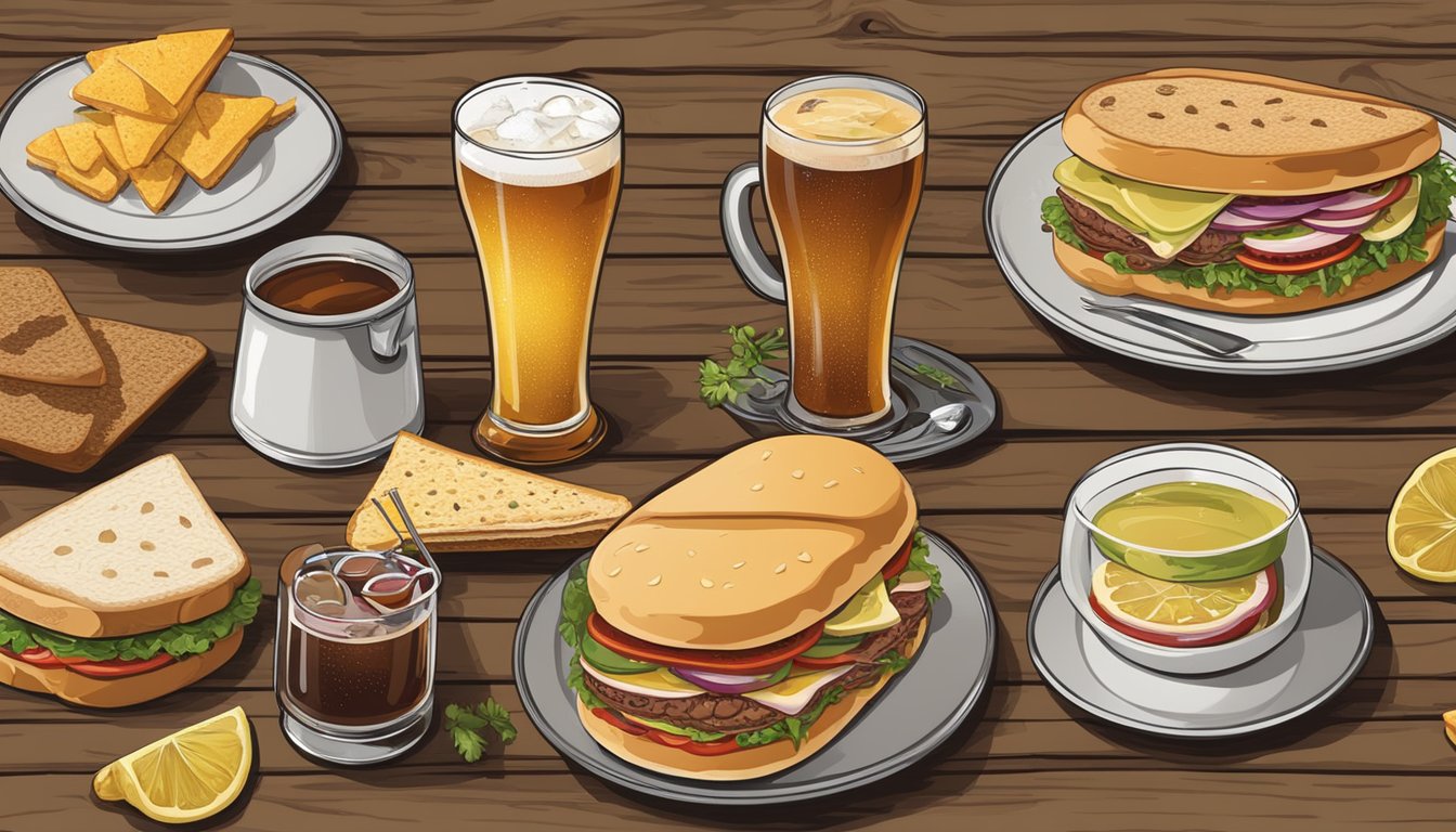 A rustic wooden table set with a Texas-style muffuletta sandwich, surrounded by a variety of beverages including iced tea, beer, and soda