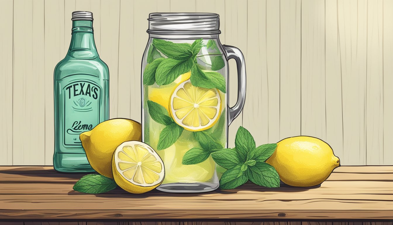 A rustic wooden bar with a mason jar filled with lemonade, a bottle of Texas vodka, and a pile of fresh lemons and mint leaves