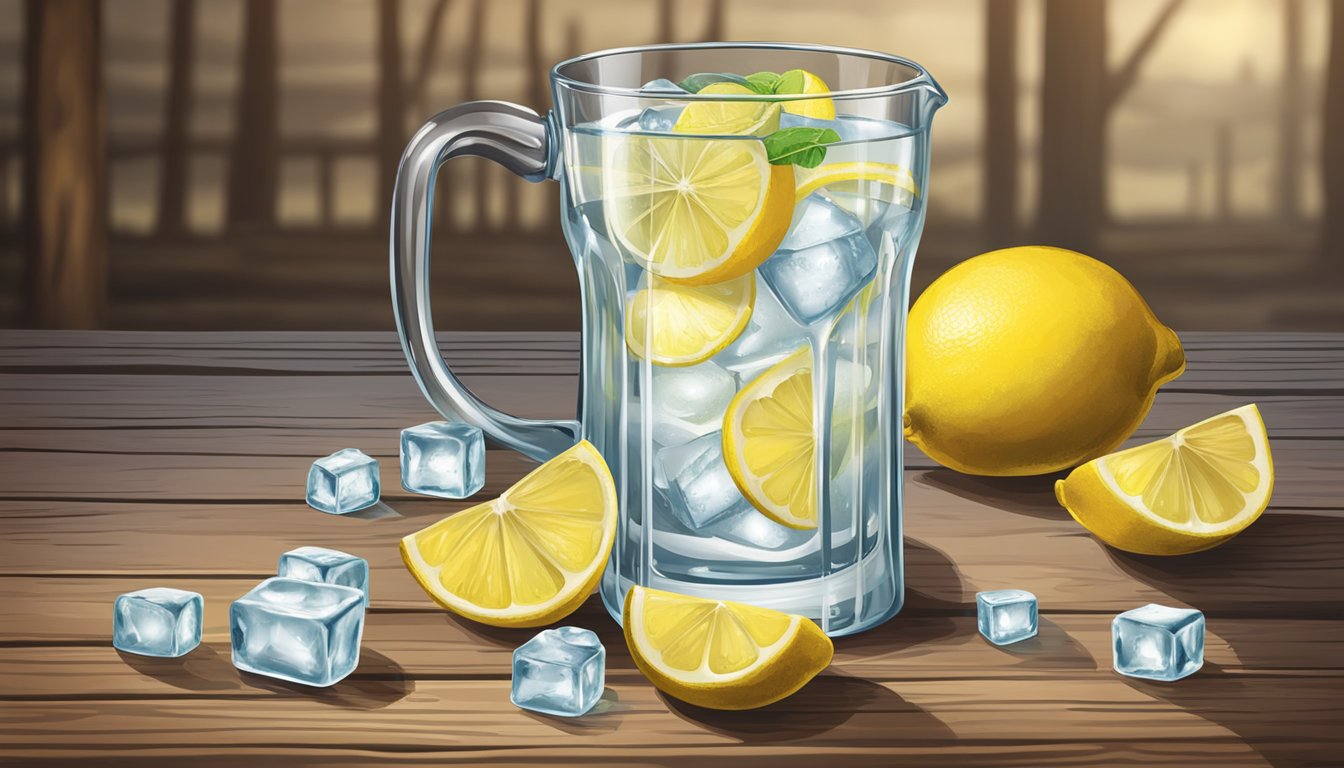 A glass filled with ice, a bottle of Texas vodka, a pitcher of freshly squeezed lemonade, and a lemon wedge for garnish on a rustic wooden table