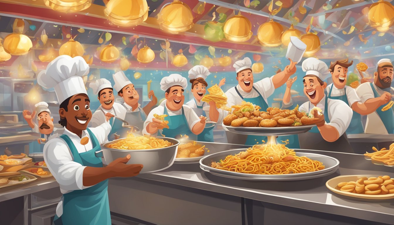 A bustling fairground kitchen with sizzling fryers, a chaotic assembly line of ingredients, and a jubilant chef holding up a golden, crispy dish