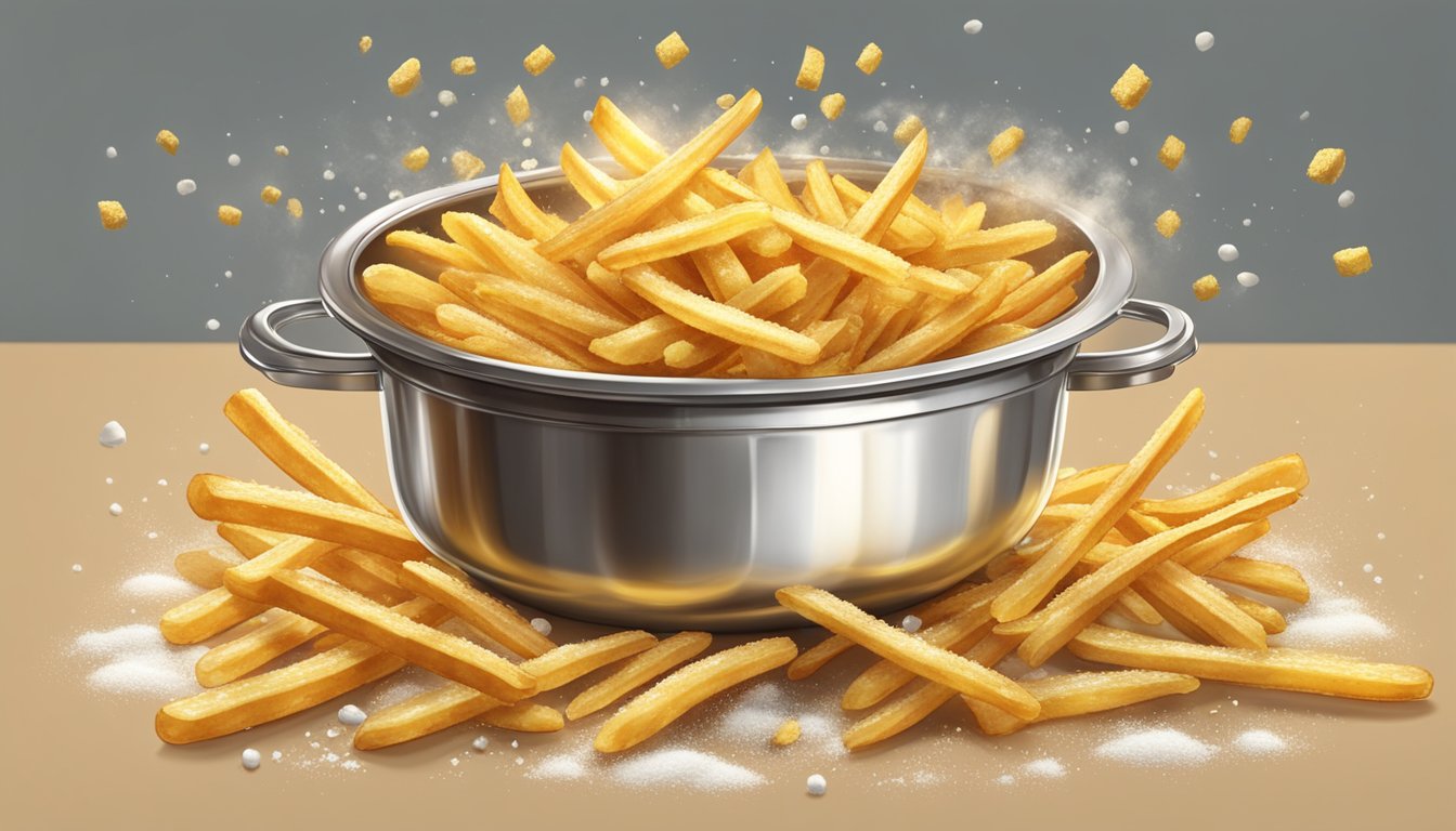 A bubbling pot of golden oil fries a crispy, golden-brown dish, surrounded by a flurry of flour and seasoning