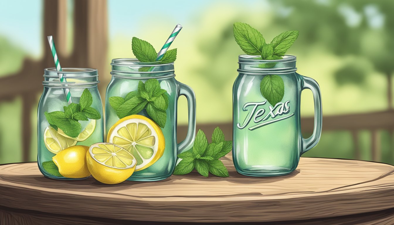 A rustic wooden table with a mason jar filled with lemonade, a bottle of Texas vodka, and fresh lemon slices and mint leaves as garnish