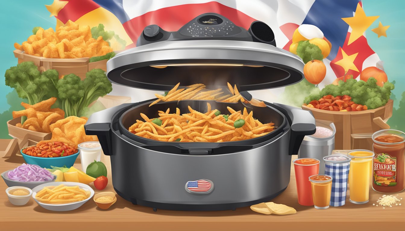 A sizzling hot deep fryer surrounded by a colorful array of ingredients and toppings, with a Texas state fair ribbon proudly displayed in the background