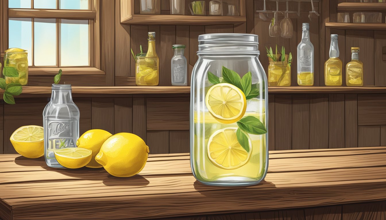 A rustic bar setting with a mason jar filled with lemonade, a bottle of Texas vodka, and fresh lemon slices on a wooden countertop