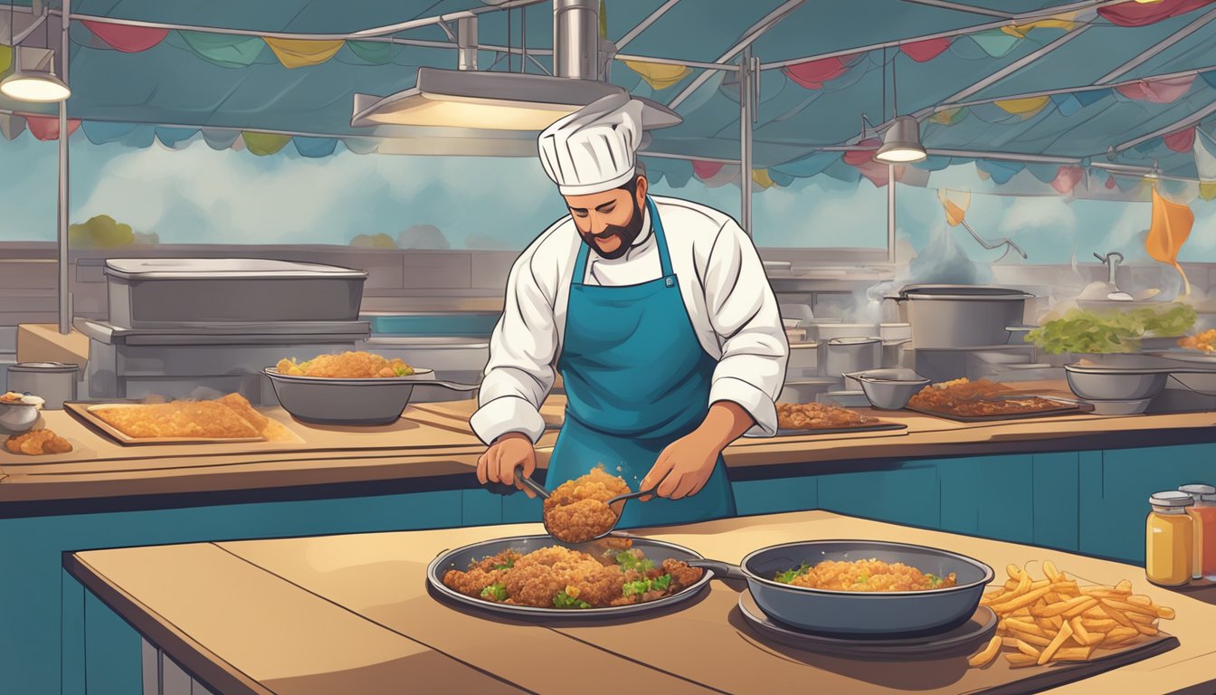 A chef prepares a Texas state fair winning fried dish using sustainable ingredients and carefully cleans up the cooking area