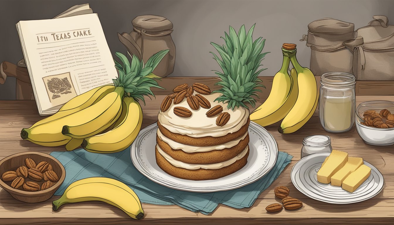 A rustic kitchen with ingredients like bananas, pineapples, pecans, and a vintage recipe book open to the page for Texas-style Hummingbird Cake