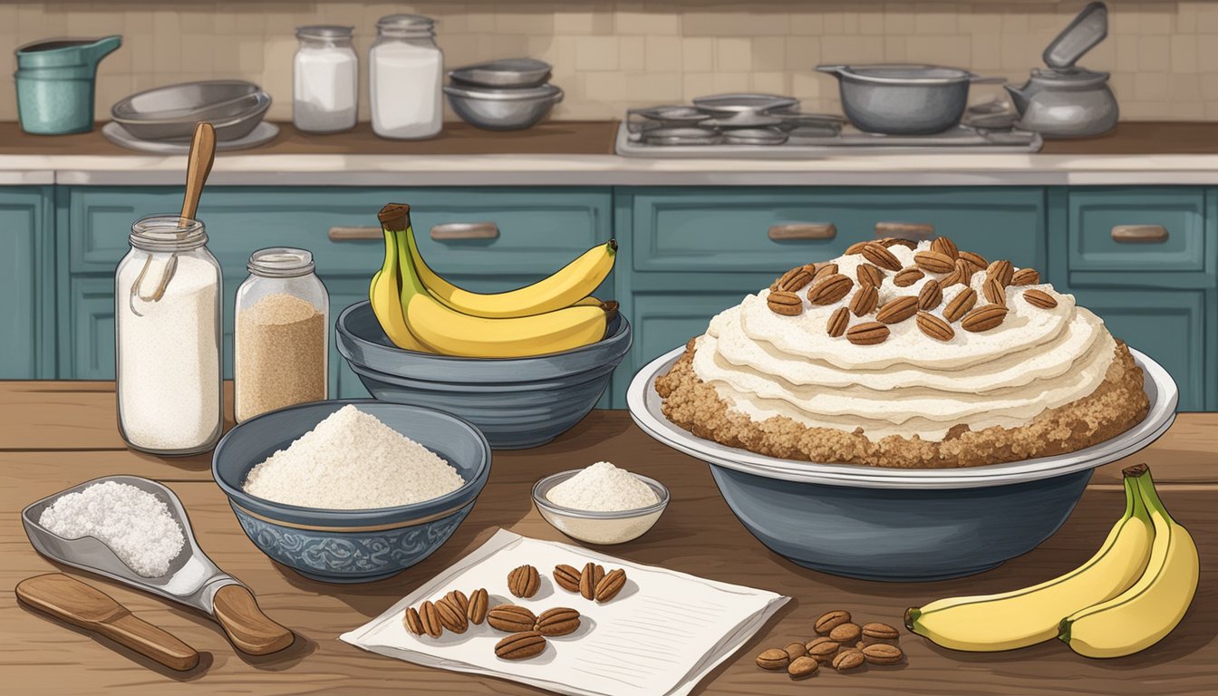 A rustic kitchen counter with bowls of flour, sugar, bananas, and pecans, surrounded by vintage baking utensils and a recipe card for Texas-style hummingbird cake