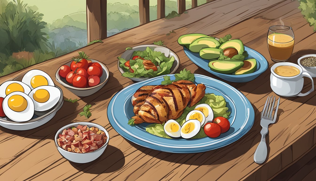 A rustic wooden table with fresh ingredients laid out: grilled chicken, avocado, bacon, tomatoes, hard-boiled eggs, blue cheese, and a bowl of tangy vinaigrette