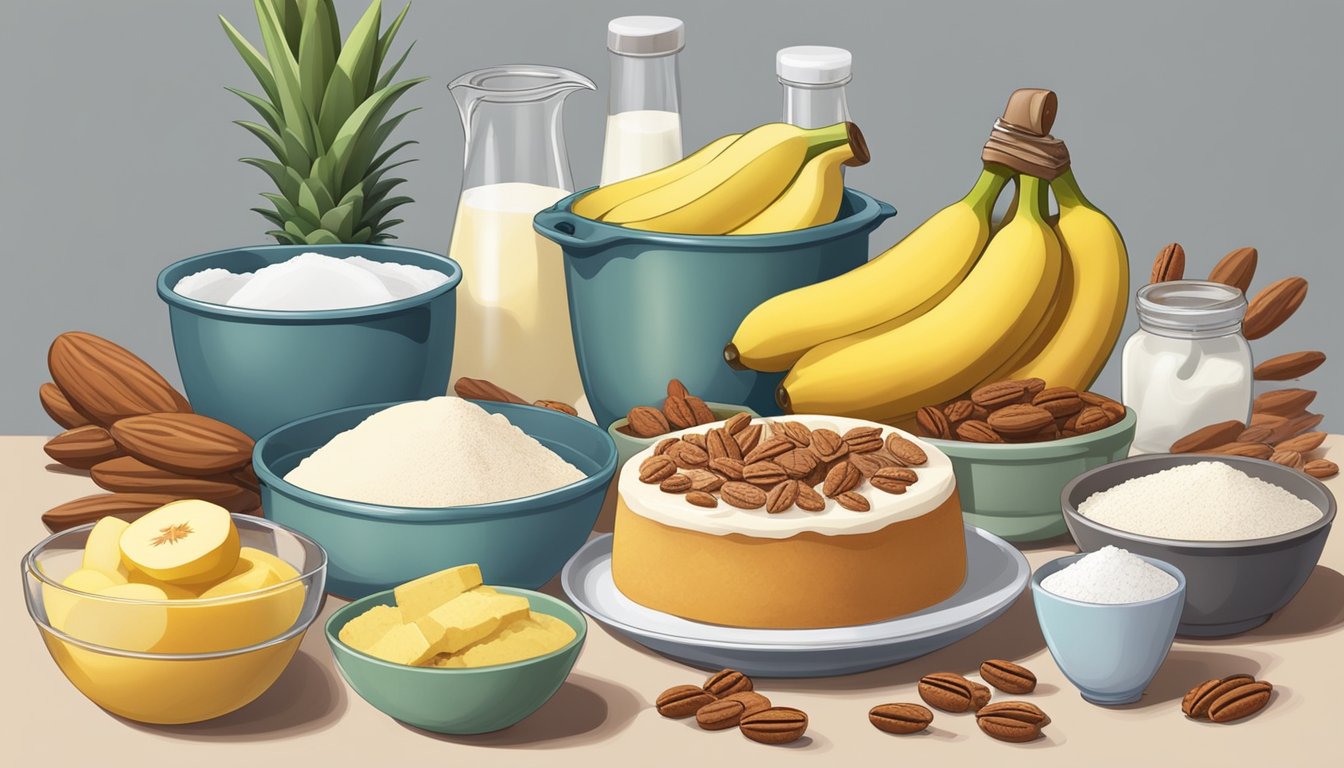 A kitchen counter with mixing bowls, measuring cups, a whisk, a spatula, and a cake pan, surrounded by ingredients like flour, sugar, spices, bananas, pineapple, and pecans