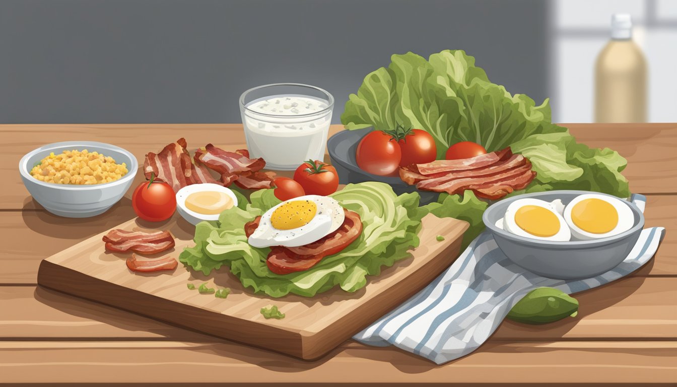 A wooden cutting board with fresh lettuce, tomatoes, bacon, avocado, grilled chicken, hard-boiled eggs, and crumbled cheese, alongside a bottle of ranch dressing