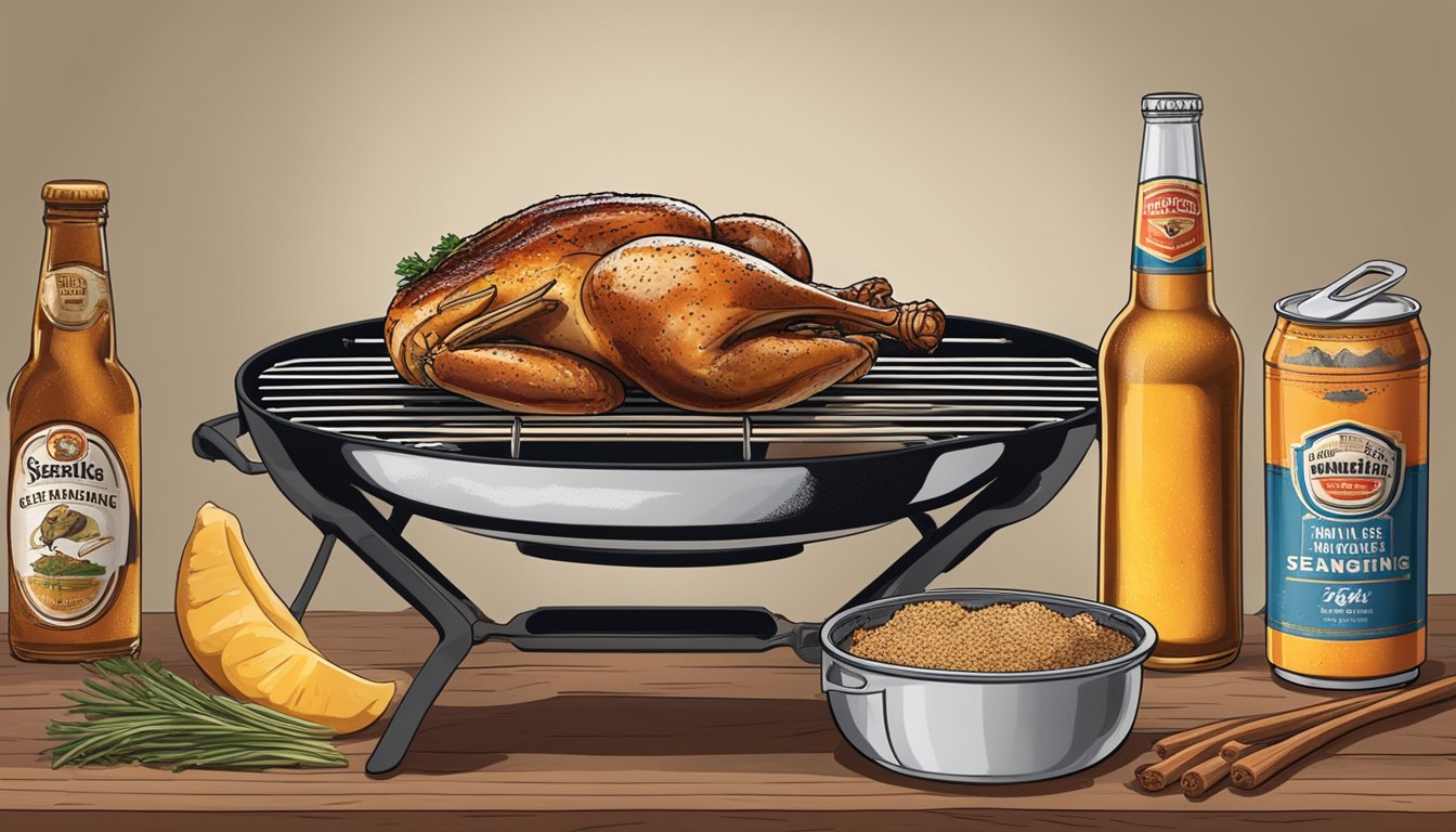 A grill with a whole chicken propped up on a beer can, surrounded by Texas-style seasonings and spices, with grilling utensils nearby