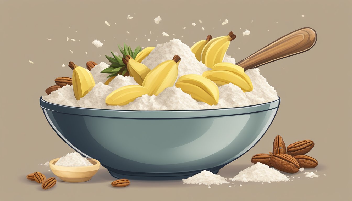 A mixing bowl filled with flour, sugar, and mashed bananas. A spoon stirs in crushed pineapples and chopped pecans