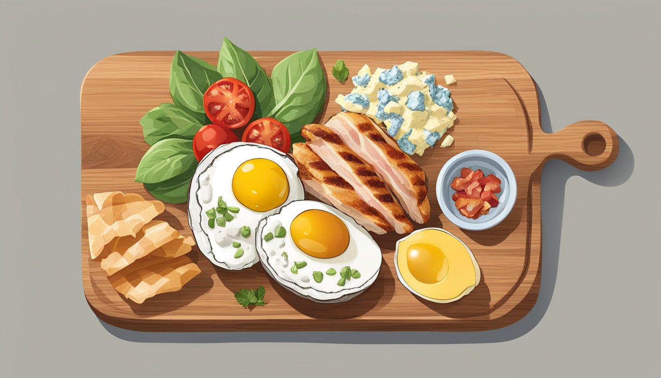 Fresh ingredients arranged on a wooden cutting board: grilled chicken, bacon, avocado, tomatoes, eggs, and crumbled blue cheese