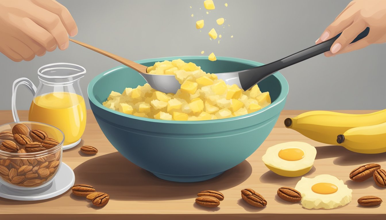 A mixing bowl filled with mashed bananas, pineapple chunks, and pecans. A measuring cup pours oil into the mixture, while a hand cracks eggs into the bowl