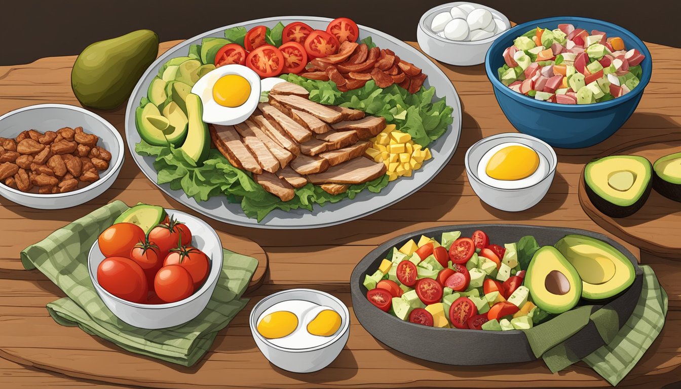 A rustic wooden table with a colorful array of fresh ingredients for a Texas style cobb salad, including grilled chicken, avocado, bacon, tomatoes, and hard-boiled eggs