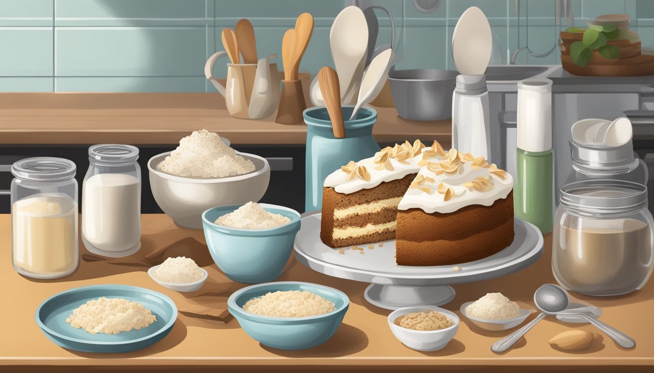 A kitchen counter with ingredients and utensils for baking a Texas style hummingbird cake