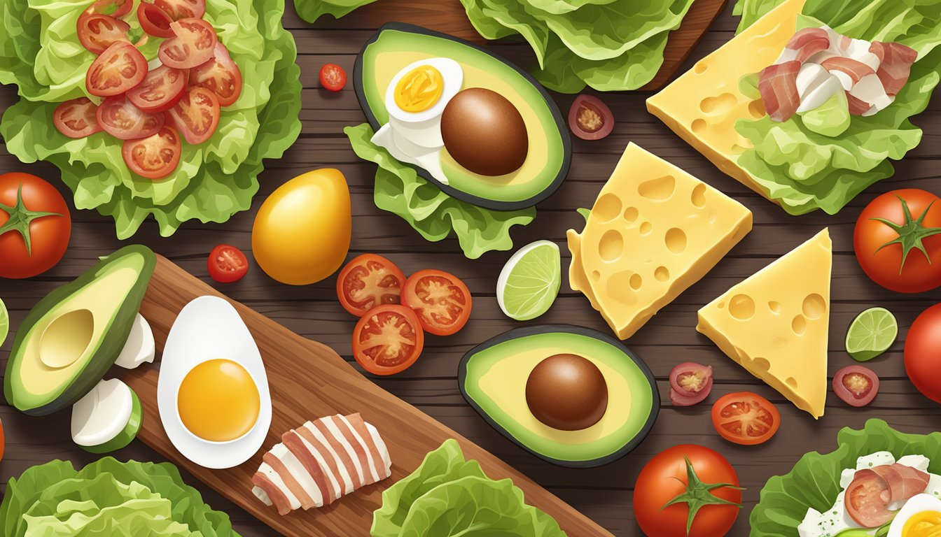 A colorful array of fresh lettuce, tomatoes, avocado, grilled chicken, bacon, hard-boiled eggs, and cheese arranged in rows on a wooden cutting board