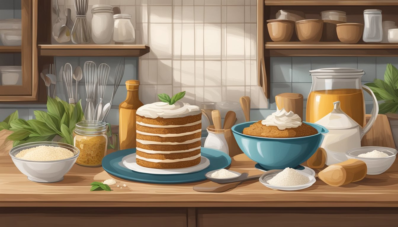 A rustic kitchen with ingredients and utensils for baking a Texas-style hummingbird cake