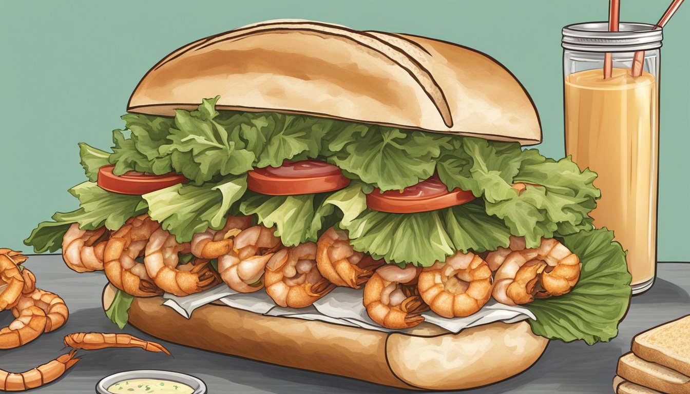 A chef prepares a Texas-style shrimp po' boy sandwich with crispy shrimp, lettuce, tomatoes, and spicy remoulade sauce on a toasted baguette