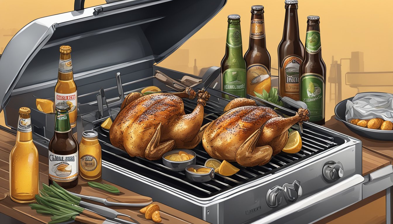 A grill with a whole chicken on a beer can, surrounded by grilling utensils and storage containers for ingredients