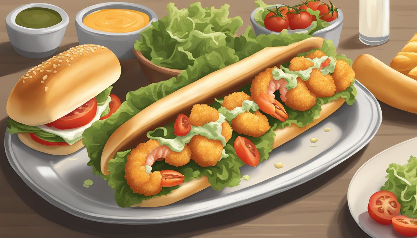 A sizzling skillet of golden-fried shrimp, nestled in a fluffy hoagie roll with crisp lettuce, juicy tomatoes, and a drizzle of zesty remoulade sauce