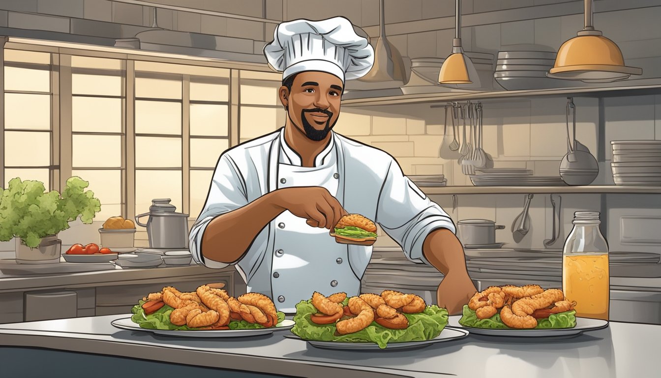 A chef in a Texas kitchen, frying shrimp and assembling a po' boy sandwich with lettuce, tomatoes, and spicy remoulade sauce