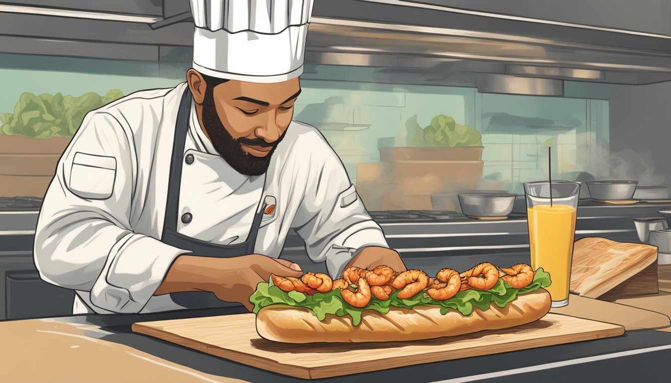 A chef carefully selects a crusty baguette and piles it high with golden-fried shrimp, crisp lettuce, juicy tomatoes, and a generous drizzle of tangy remoulade sauce