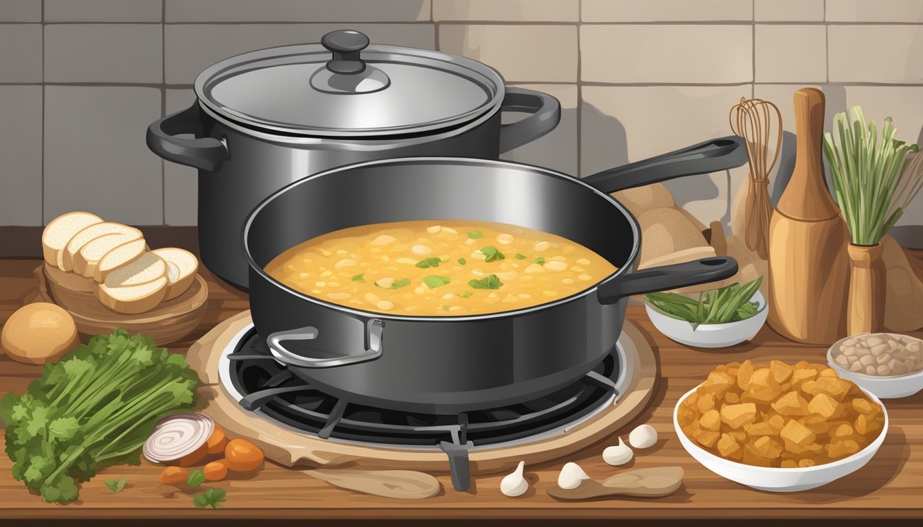 A rustic kitchen scene with a large pot simmering on the stove, surrounded by various cooking utensils and ingredients for making Texas-style baked potato soup