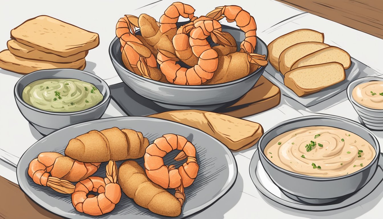 A hand breading shrimp in seasoned flour, next to a bowl of remoulade and a stack of sliced baguettes