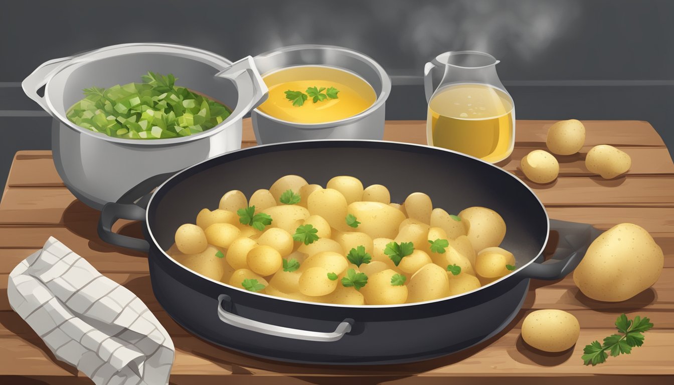 Potatoes being washed, peeled, and diced on a wooden cutting board, with a pot of simmering broth on the stove