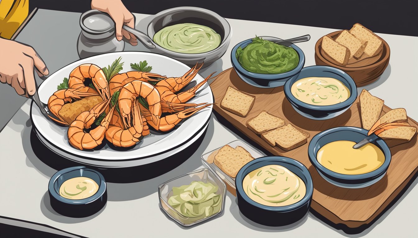 A chef mixing ingredients for remoulade sauce beside a platter of seasoned shrimp and a loaf of crusty bread