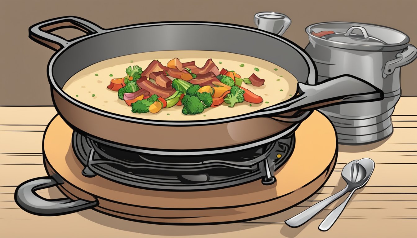 A sizzling skillet of bacon and colorful vegetables next to a steaming pot of creamy Texas-style baked potato soup