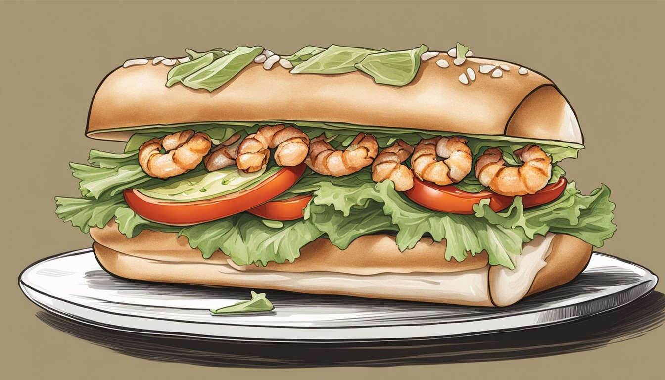 A chef layers crispy shrimp, lettuce, tomato, and pickles onto a crusty baguette, drizzling it with spicy remoulade sauce