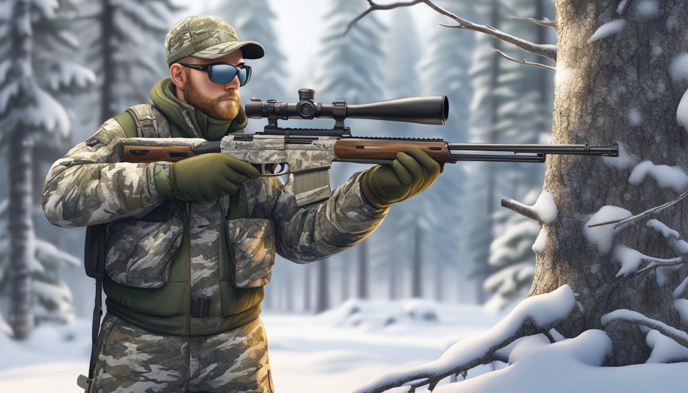 A hunter in camouflage gear stands beside a snow-covered tree, loading a rifle while scanning the forest for prey