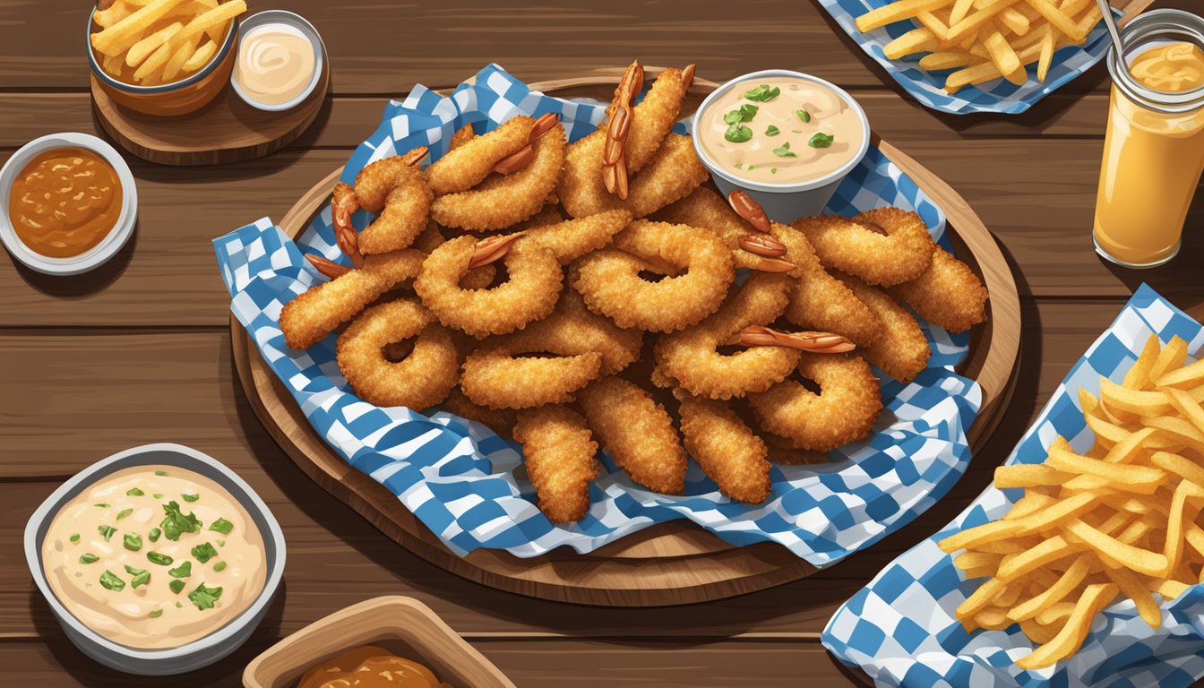 A rustic wooden table with a checkered tablecloth holds a platter of crispy shrimp po' boys, surrounded by a pile of golden fries and a jar of tangy remoulade sauce