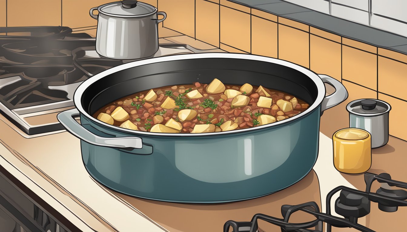 A large pot on a stove, filled with diced potatoes, bacon, onions, and spices, simmering in a rich broth