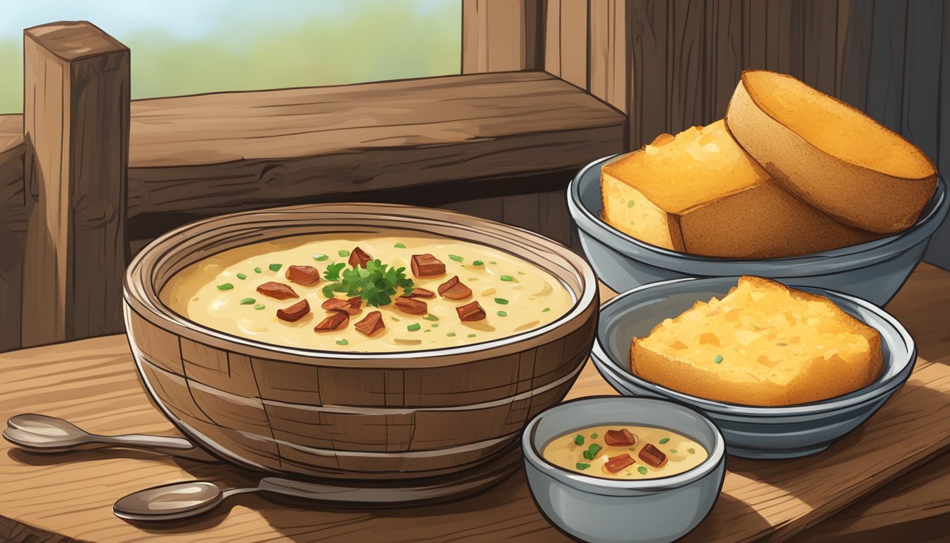 A rustic wooden table with a steaming bowl of Texas-style baked potato soup, topped with crispy bacon bits and chives. A side of warm, buttered cornbread sits next to the bowl