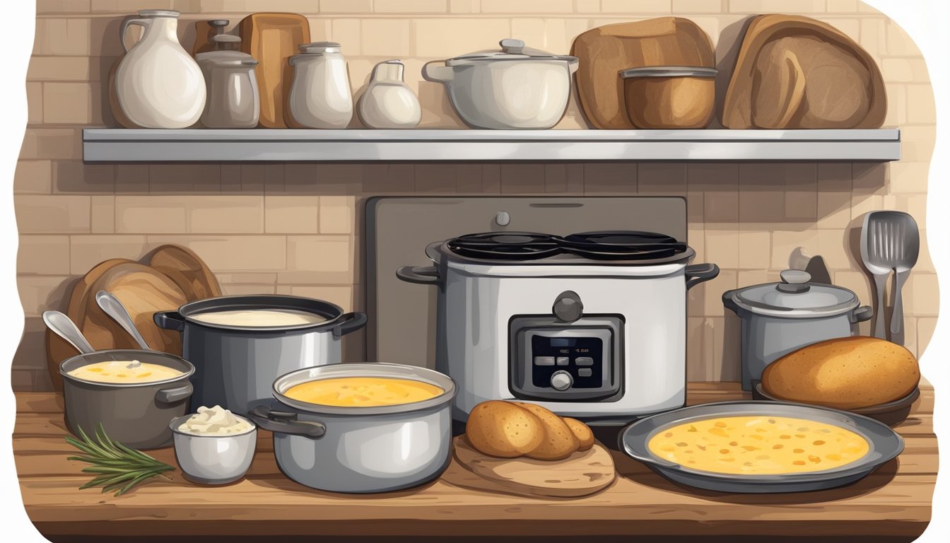 A rustic kitchen with a pot simmering on a stove, filled with creamy, hearty Texas-style baked potato soup. Ingredients and utensils neatly organized on the counter