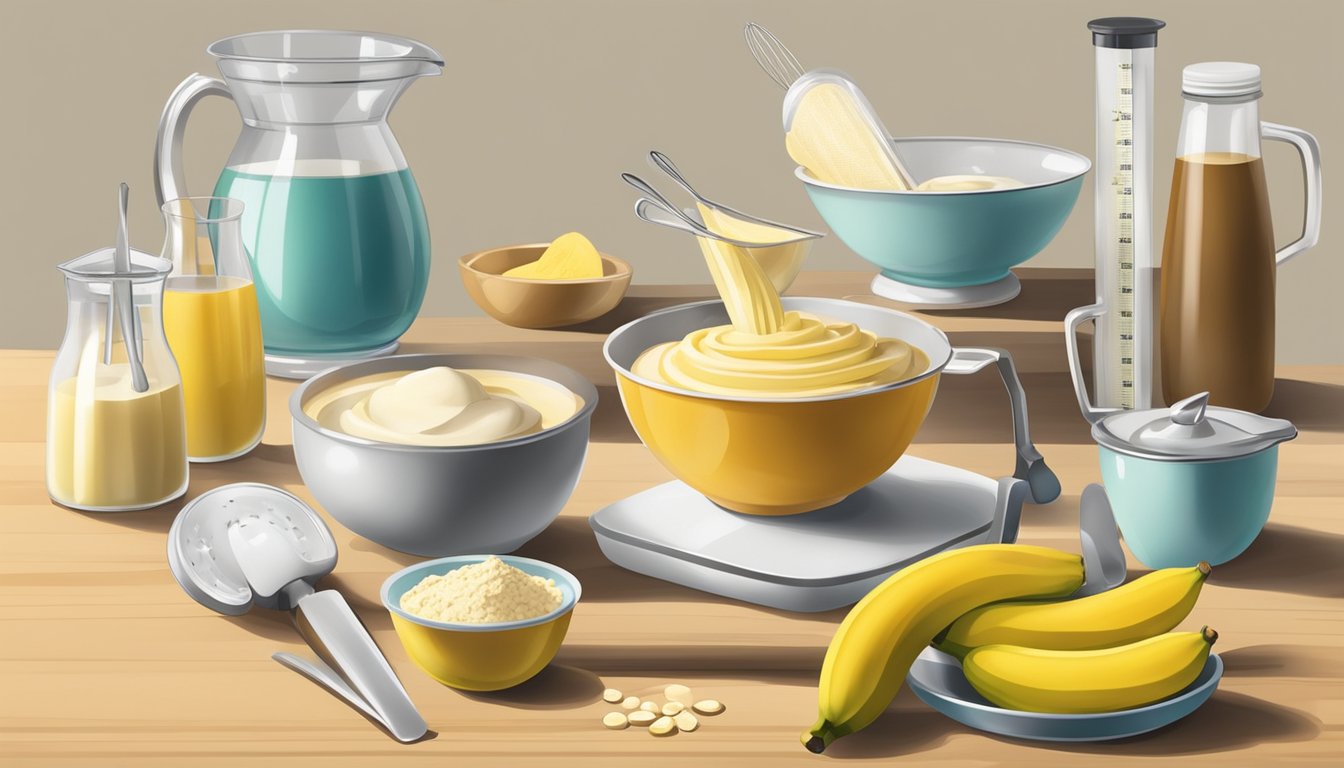 A kitchen counter with ingredients (bananas, vanilla wafers, pudding mix), mixing bowls, measuring cups, and a whisk