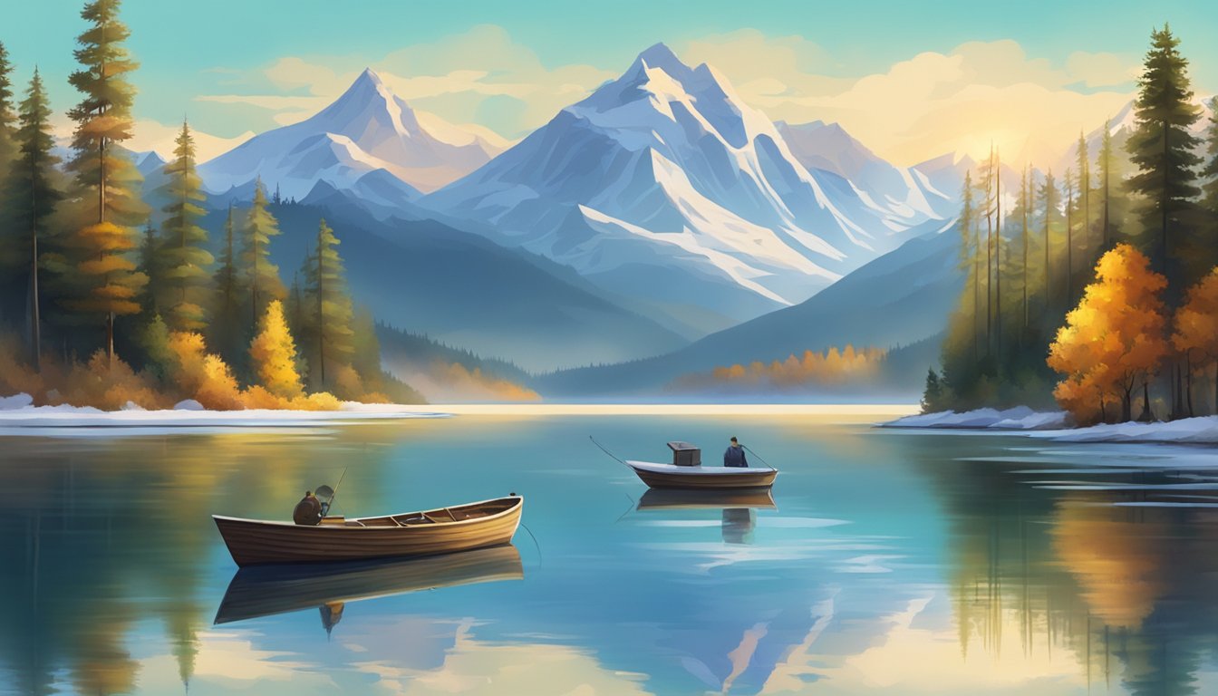 A serene lake surrounded by snow-capped mountains. A lone fishing boat glides across the glassy water, while a majestic deer grazes on the shore