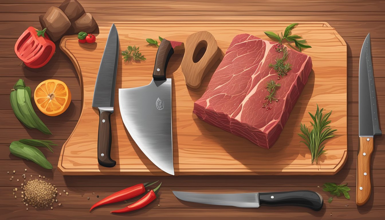 A butcher's block with a cleaver and various knives, a cutting board with a large beef tail, and a spice rack with various Texas-style seasonings