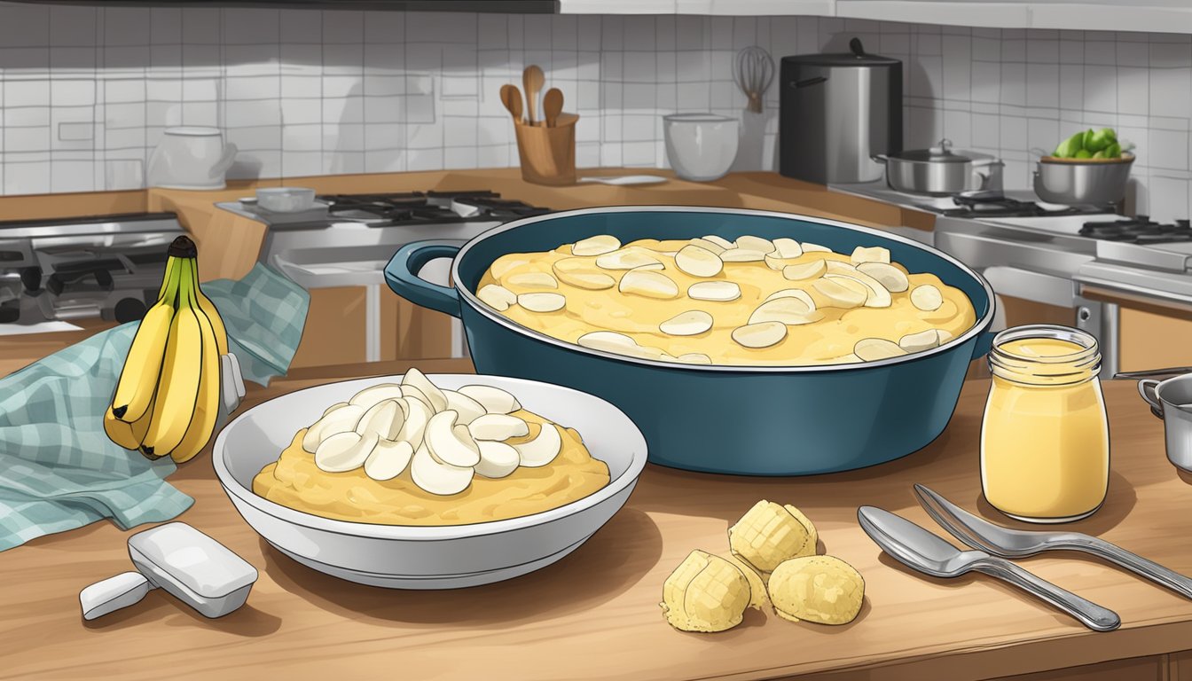 A kitchen counter with ingredients and utensils for making Texas-style banana pudding, with a finished dish in the background