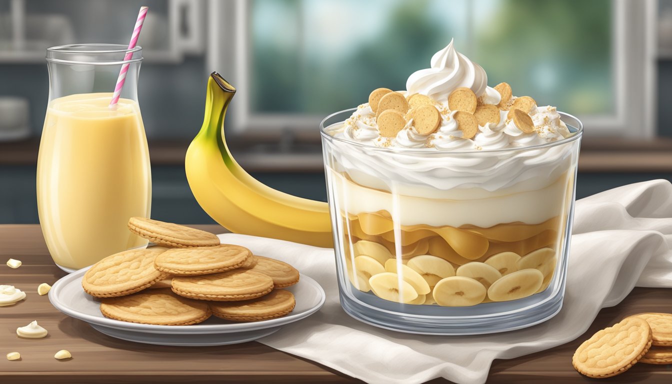 A rustic kitchen counter with a glass bowl of layered vanilla wafers, sliced bananas, and creamy pudding, topped with a dollop of whipped cream and sprinkled with crumbled cookies