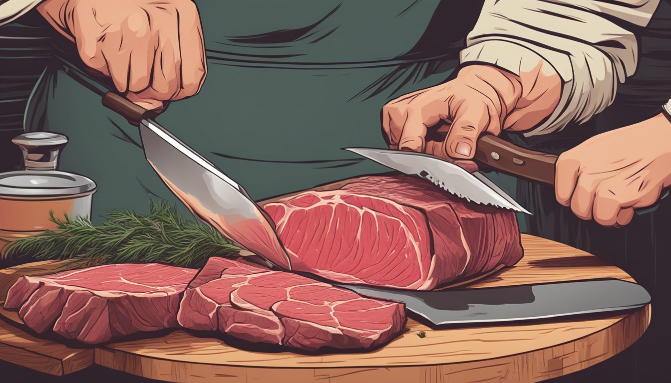 A butcher slicing a large beef tail with a sharp knife