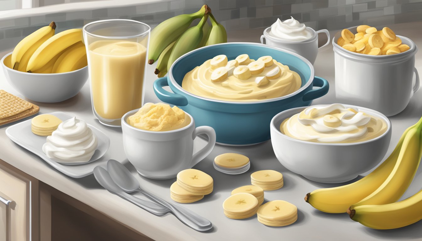 A kitchen counter with ingredients for Texas style banana pudding, including bananas, vanilla wafers, pudding mix, and whipped cream