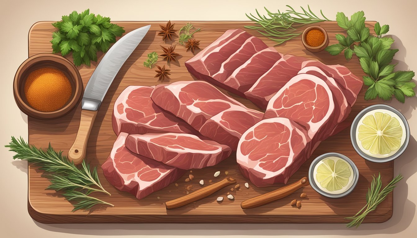 A rustic wooden cutting board with sliced beef tails, surrounded by Texan spices and herbs