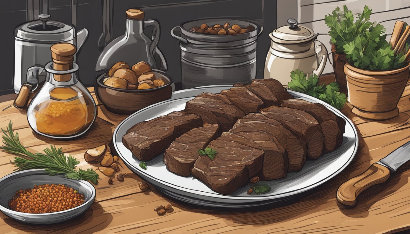 A rustic kitchen with a large cutting board, knife, and various spices laid out next to a pot of simmering beef tails