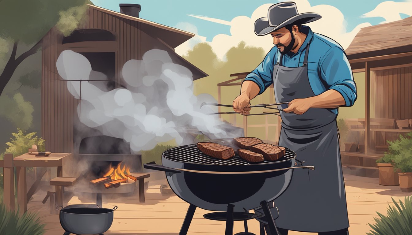 A chef in a cowboy hat grilling beef ribs on a barbecue in a rustic Texas backyard. Smoke billows from the grill as the meat sizzles