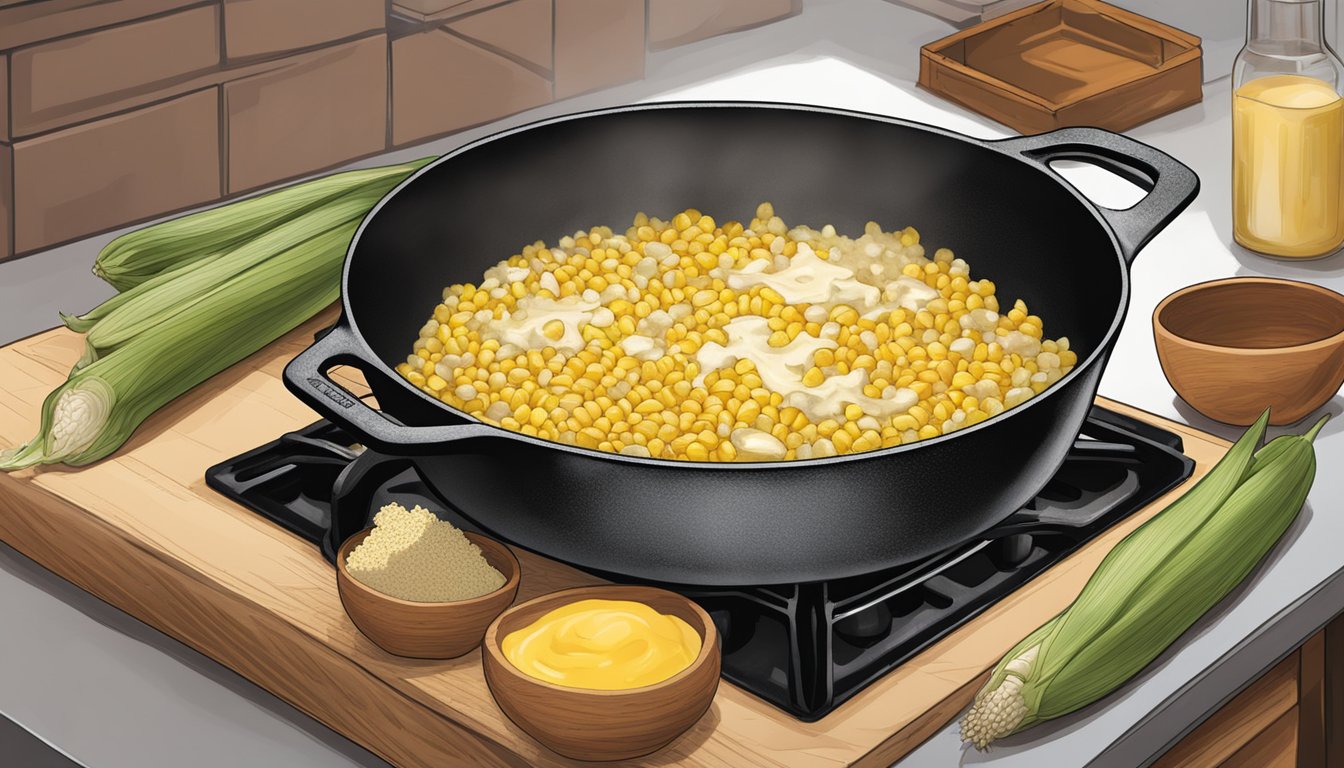 A cast iron skillet with corn, cream, butter, and spices simmering over a stove flame